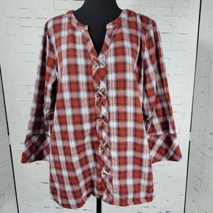 B Skies are Blue Lace-up Front Detail Top Plaid Peasant   Size 1X